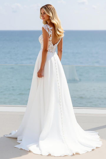 Ivory Spaghetti Straps Appliqued Wedding Dress with Slit